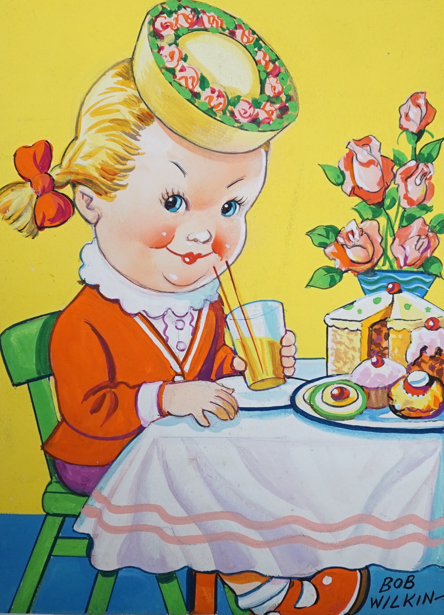 Bob Wilkin, six original artworks for postcards, Humorous children, signed, 24 x 19cm, unframed